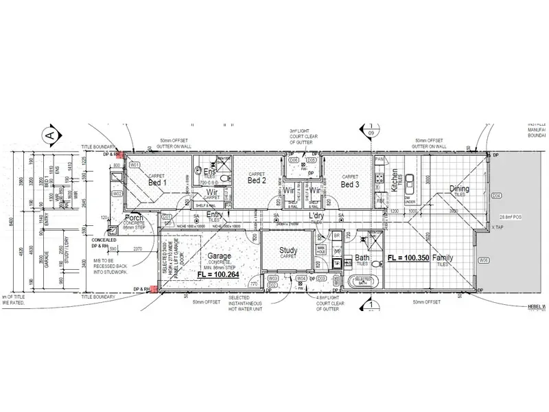 Working drawing floor plan with three bedrooms, study and open-plan family area