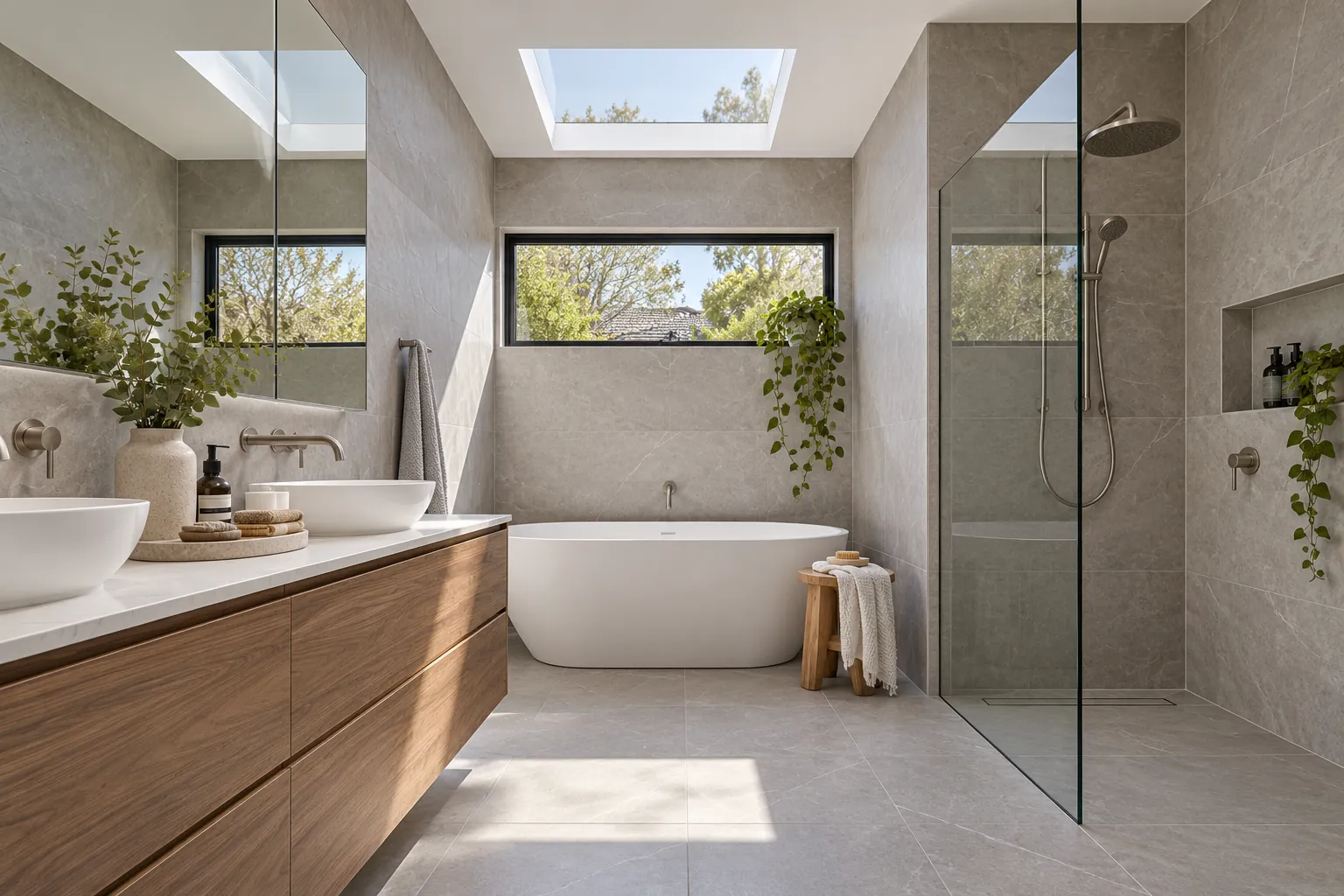 Grey stone-look ensuite with skylight, freestanding bath and walk-in shower