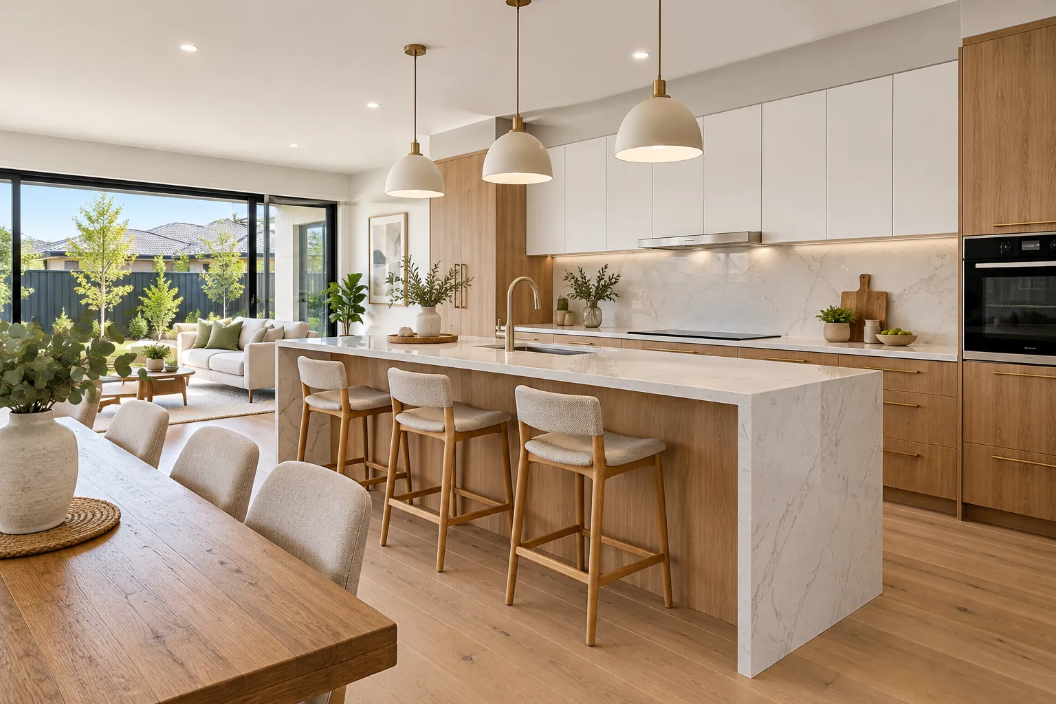 Oak and white kitchen with waterfall island and pendant lights