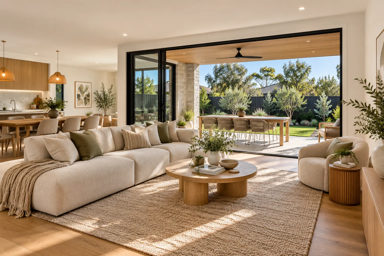 Open-plan living room opening to a covered alfresco and garden