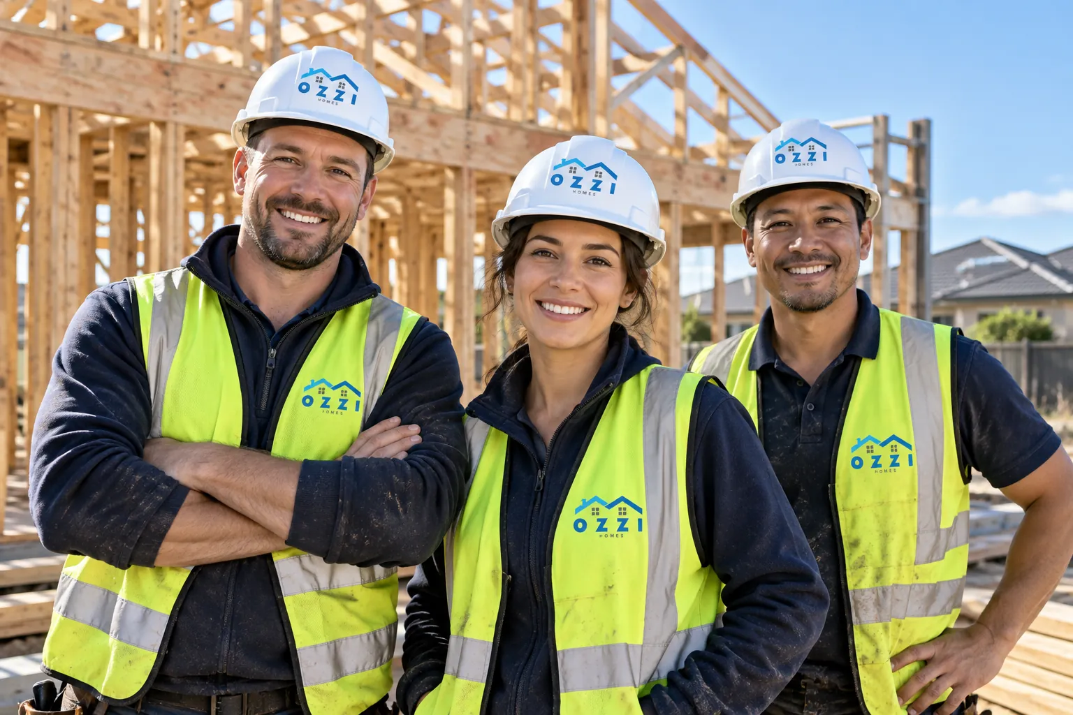 Ozzi Homes construction team in front of a new timber house frame