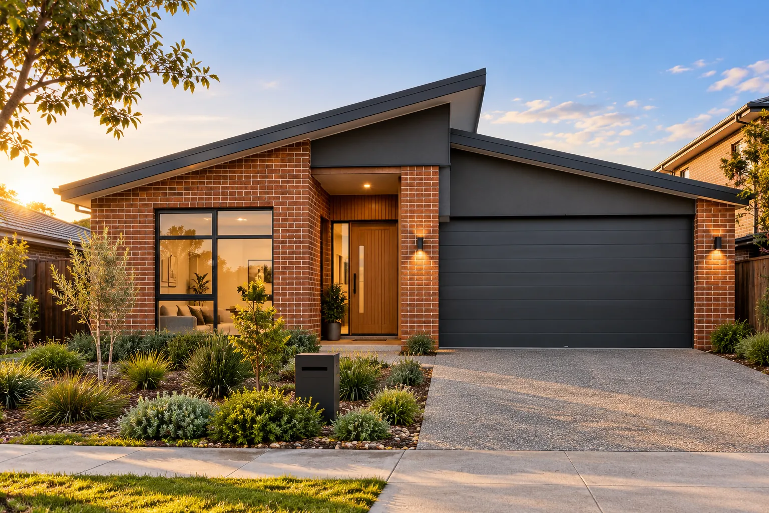Single-storey red brick home with skillion roof and timber entry door
