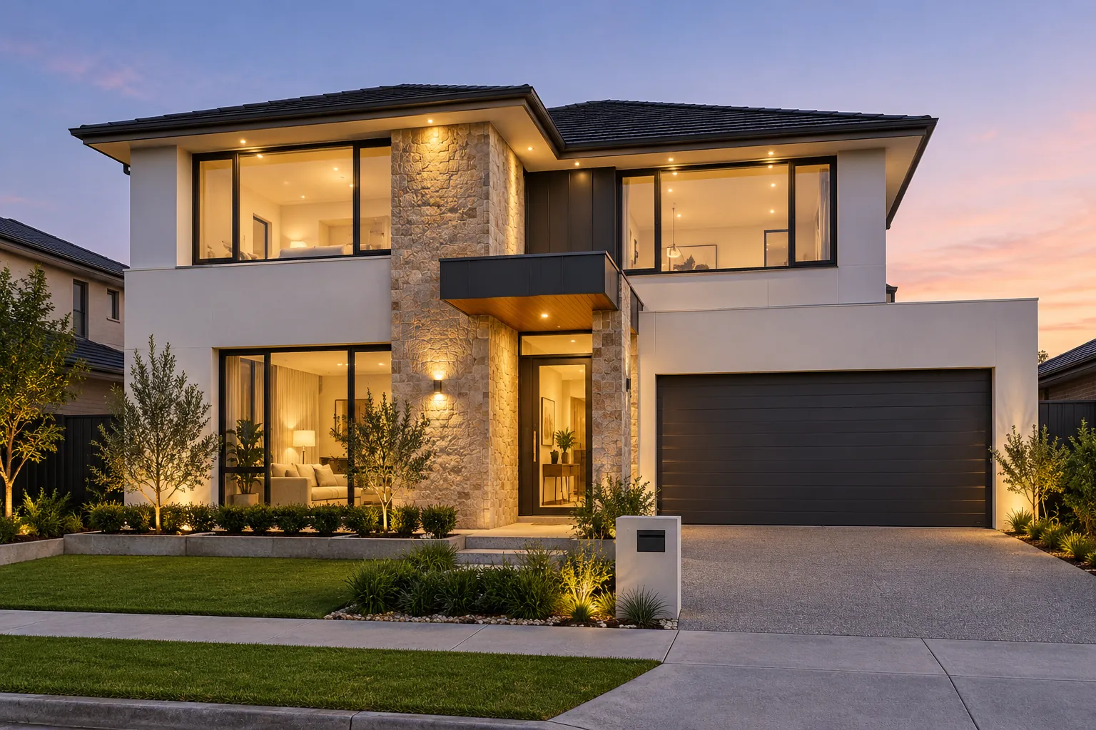 Rendered double-storey home with stacked stone entry feature at sunset