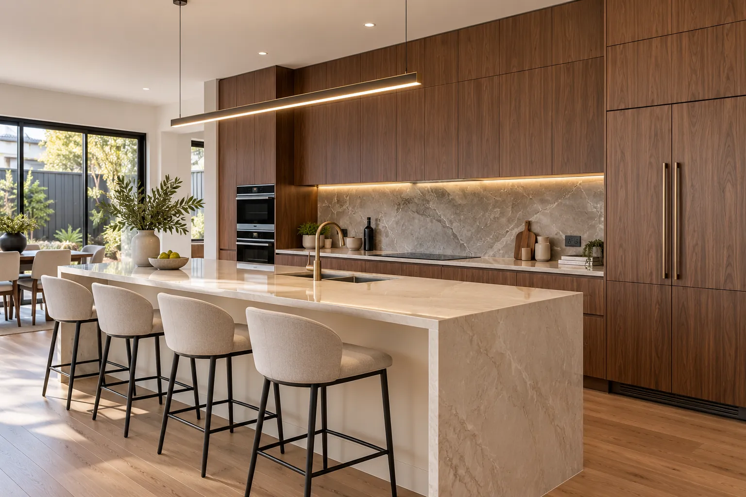 Walnut kitchen with waterfall stone island and integrated appliances