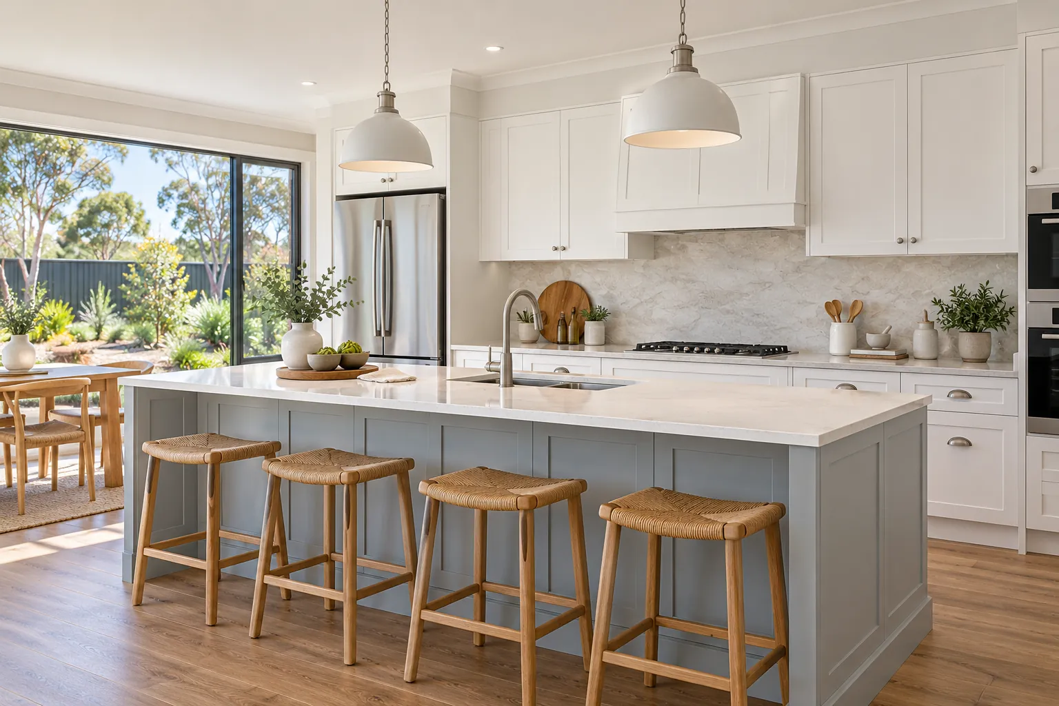 White shaker kitchen with grey island bench and rattan stools